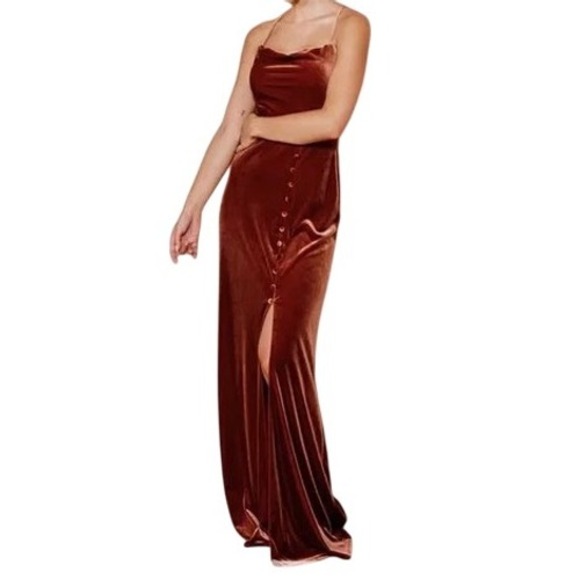 Revelry Dresses & Skirts - Revelry Billie Velvet Maxi Dress Sz 6 Rust Button High Slit Spaghetti Strap